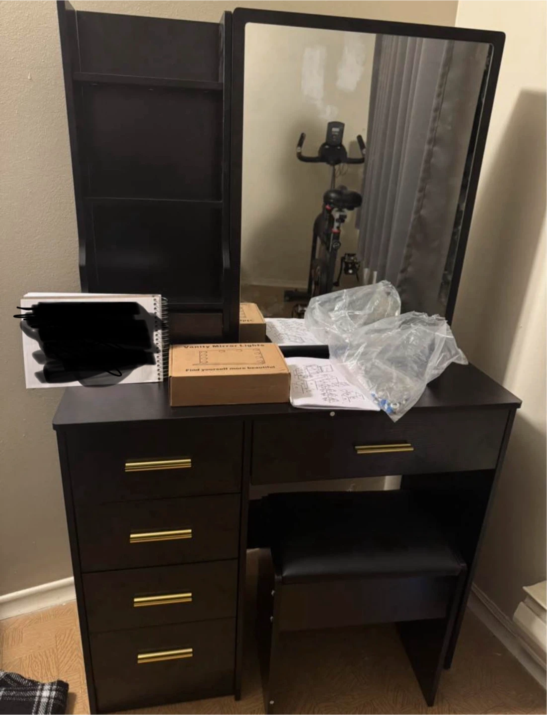 Dark Brown Vanity Desk with Mirror and Stool