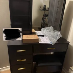 Dark Brown Vanity Desk with Mirror and Stool