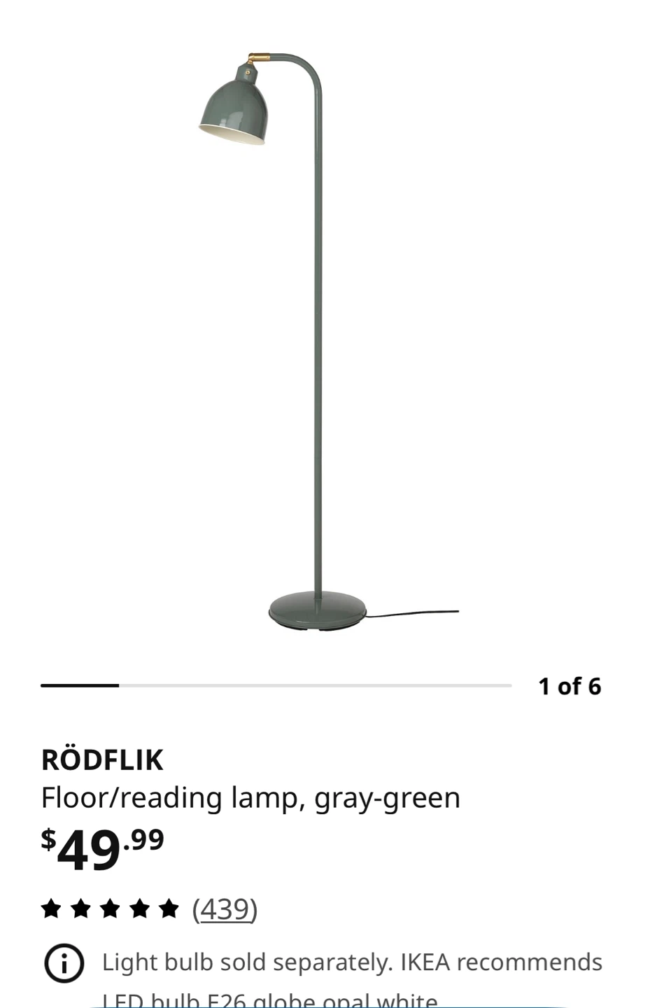 IKEA RÖD flik Floor/Reading Lamp, Gray-Green
