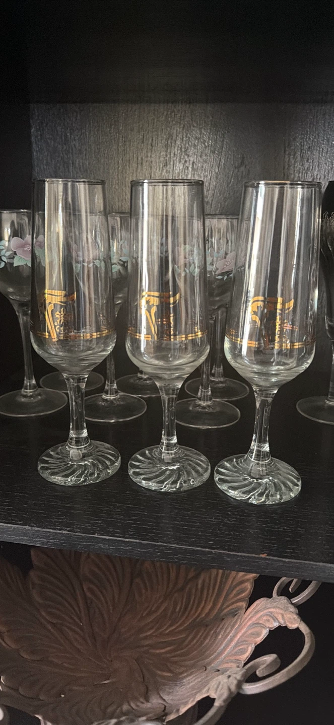 Set of 3Crystal Flutes with Gold Rim and Design