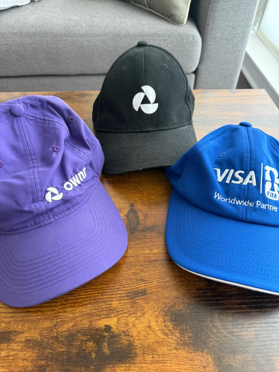 3 Baseball Caps - Ownr, Black Logo, Visa FIFA
