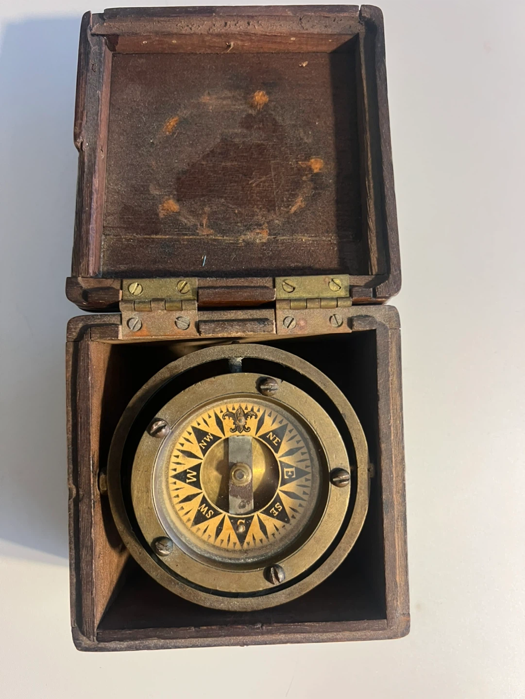 Antique Brass Compass in Wooden Box
