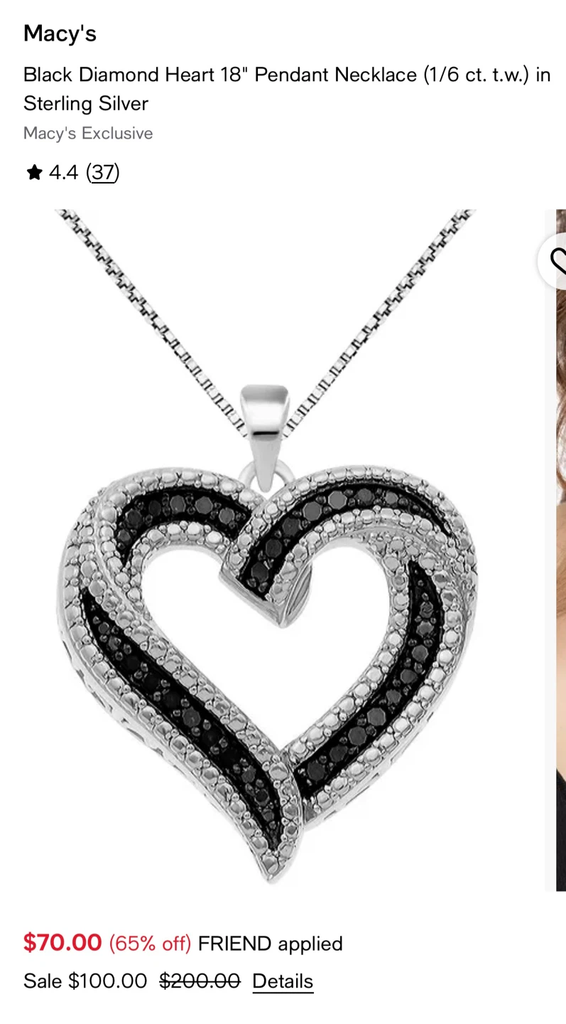 Macy's Black Diamond Heart Pendant Necklace 18" Sterling Silver
