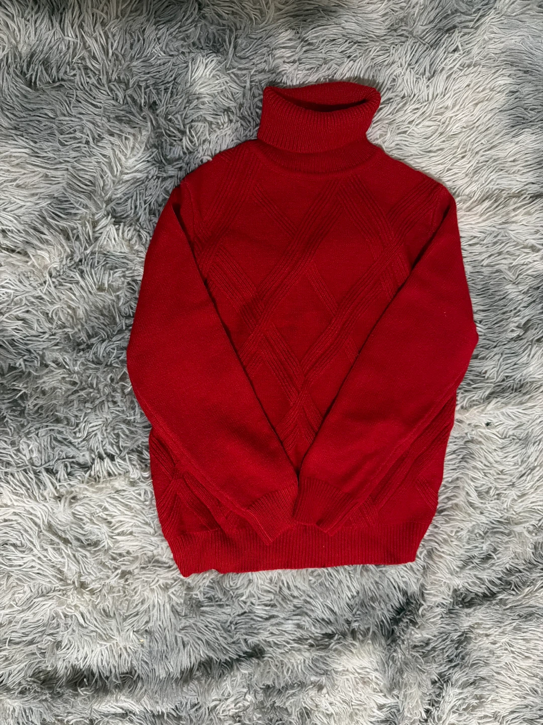 Red Turtleneck Sweater with Diamond Pattern