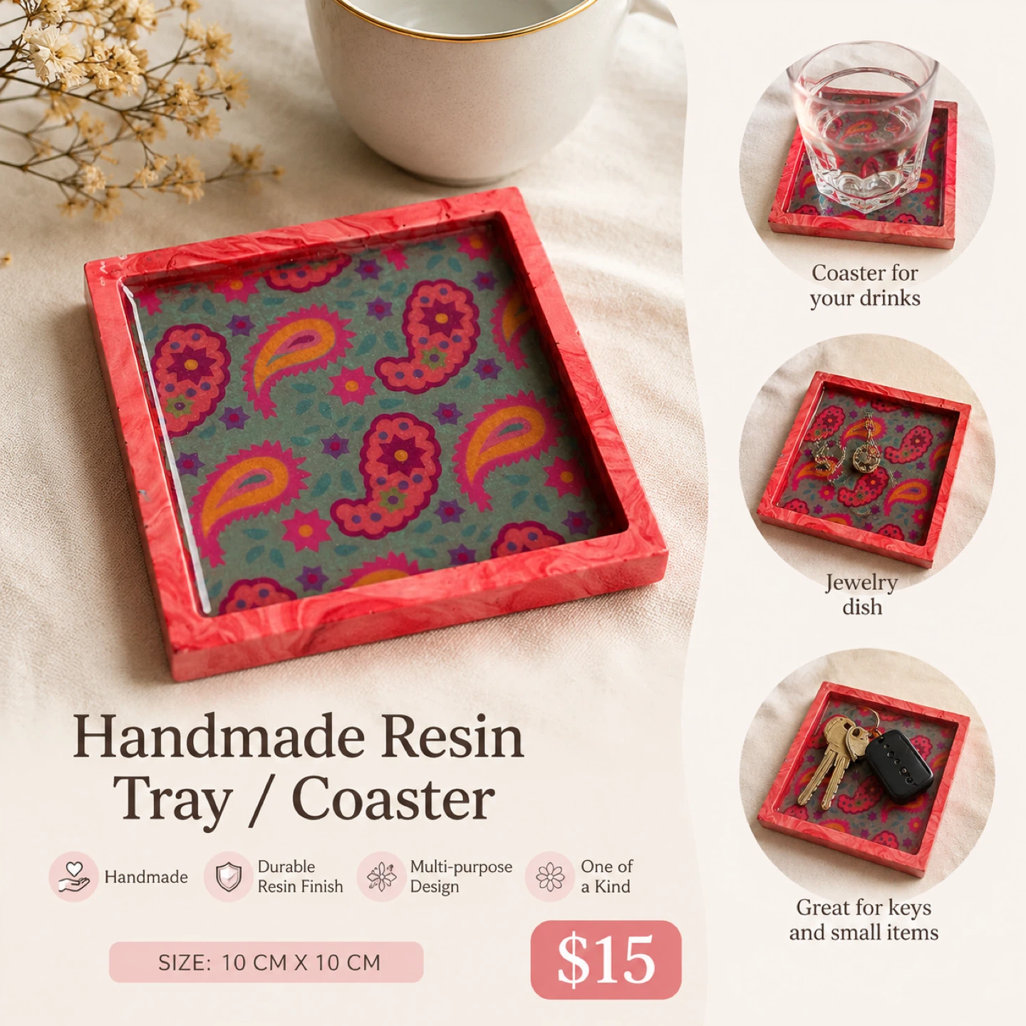 Handmade Resin Tray / Coaster - 10cm x 10cm