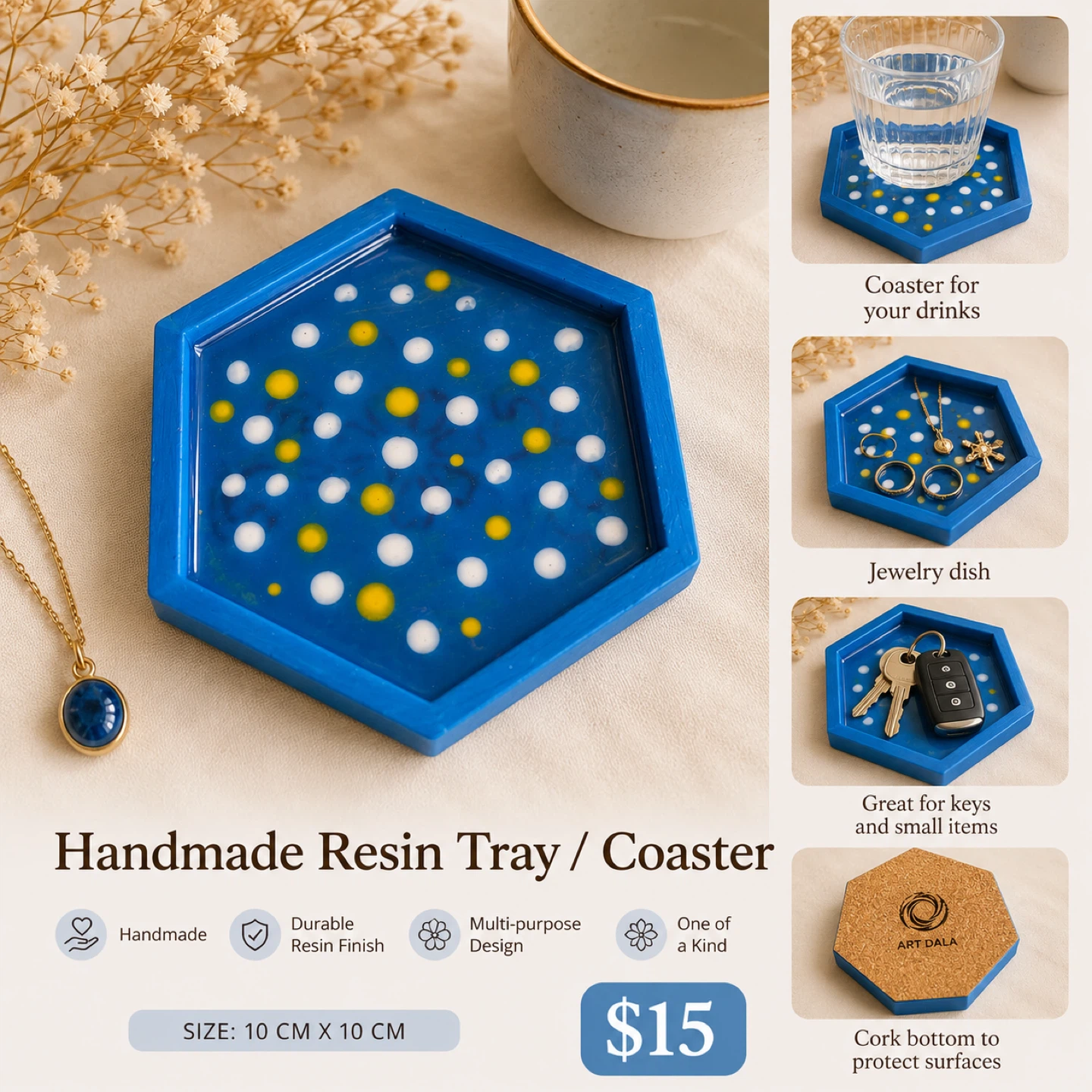 Handmade Resin Hexagonal Tray / Coaster