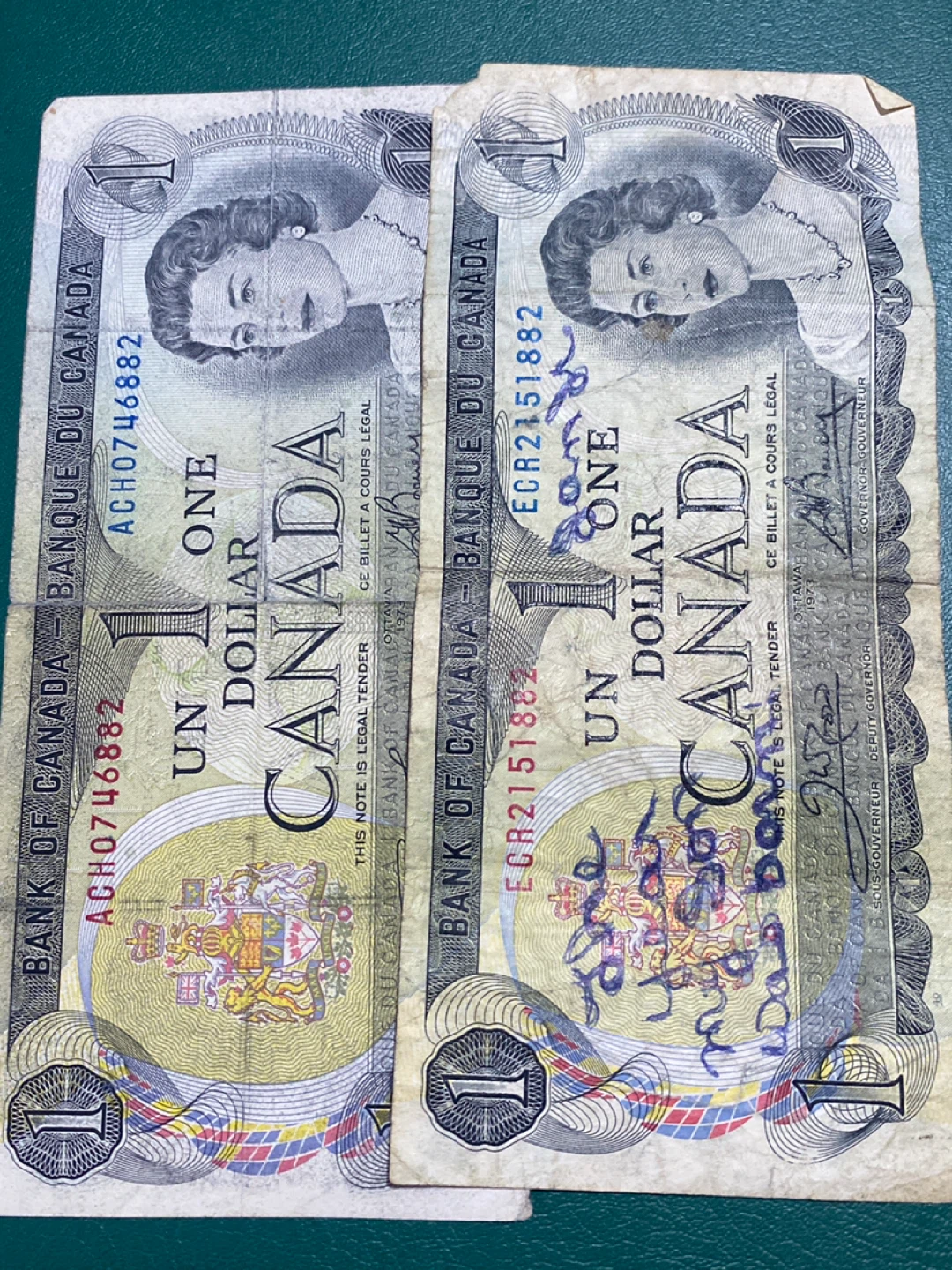 Two 1967 Canadian One Dollar Bills