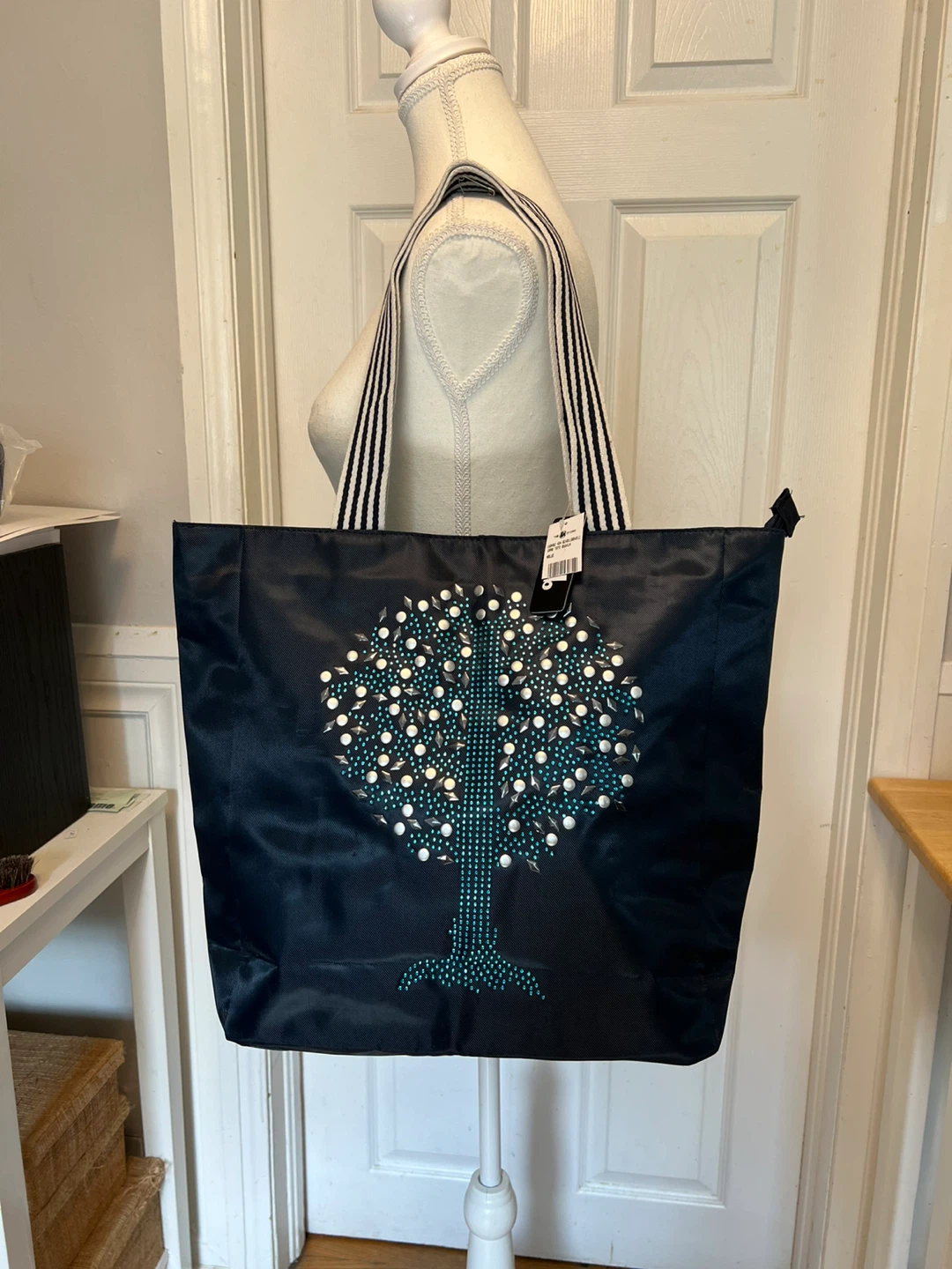 New Blue Tote Bag with Embellished Tree Design