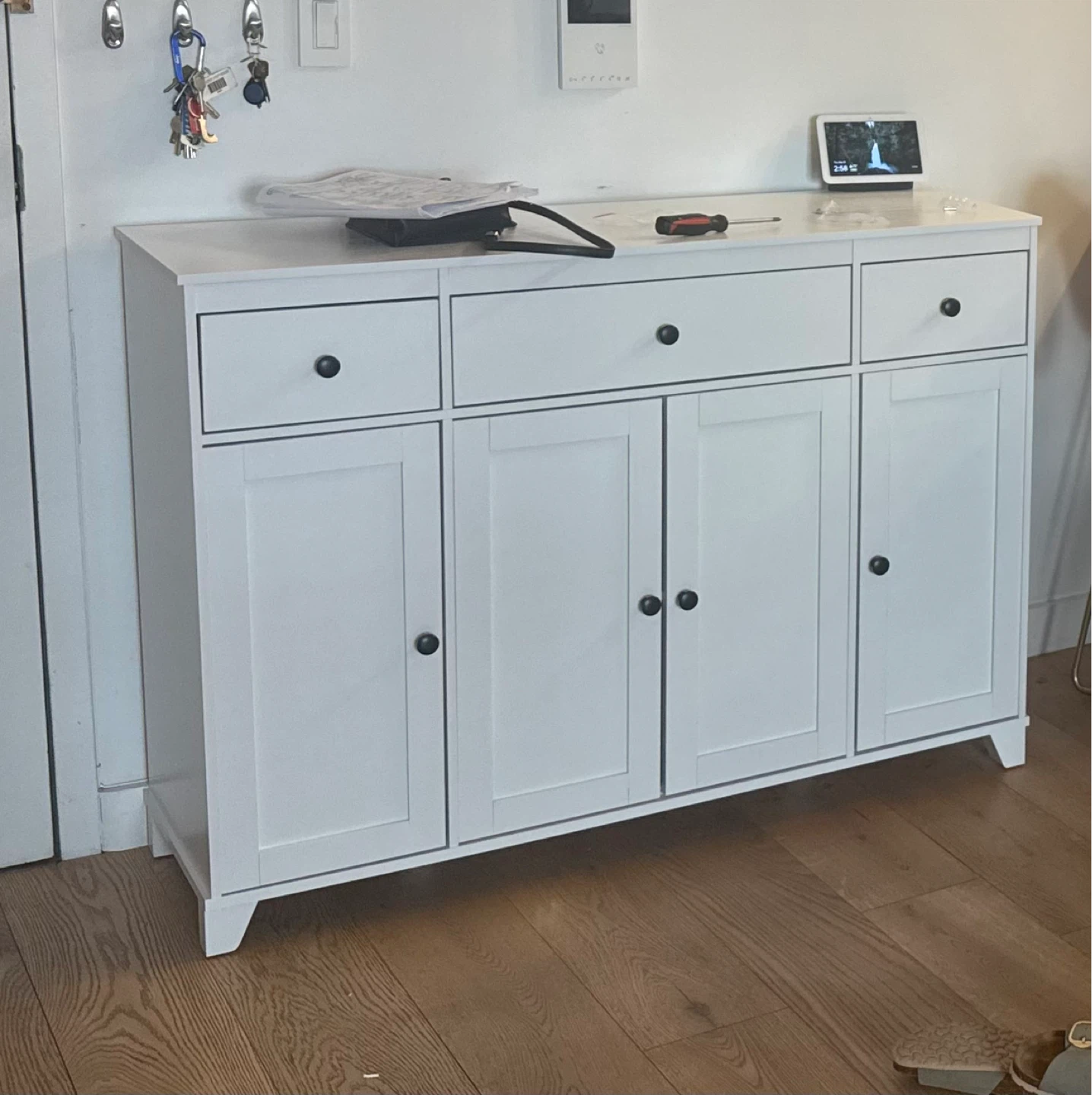 White Storage Cabinet with Drawers and Doors