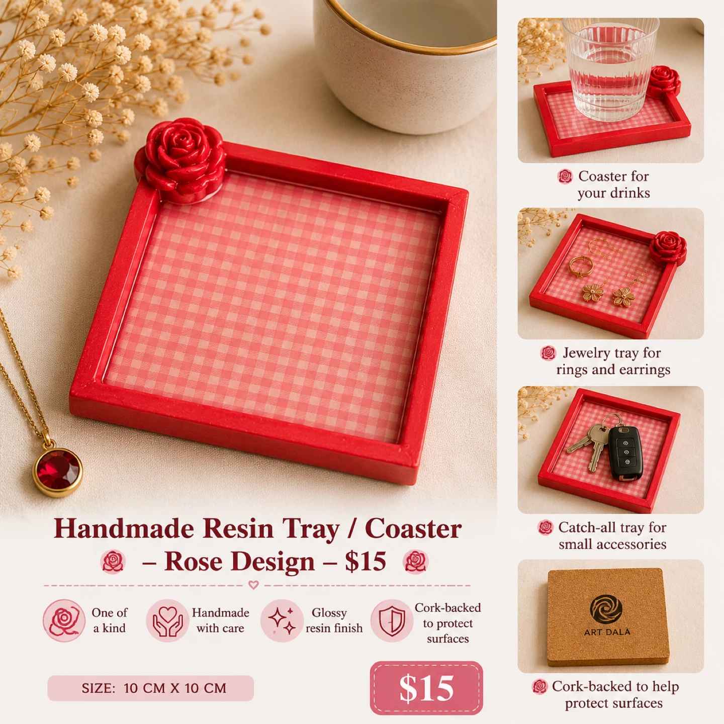 Handmade Red Resin Tray / Coaster - Rose Design