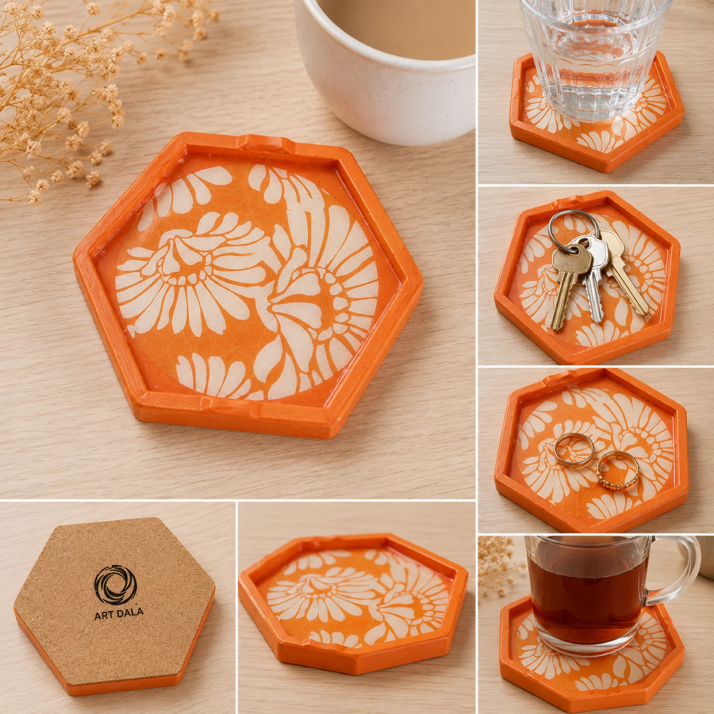 Art Dala Hexagonal Coaster Set Orange Floral Design