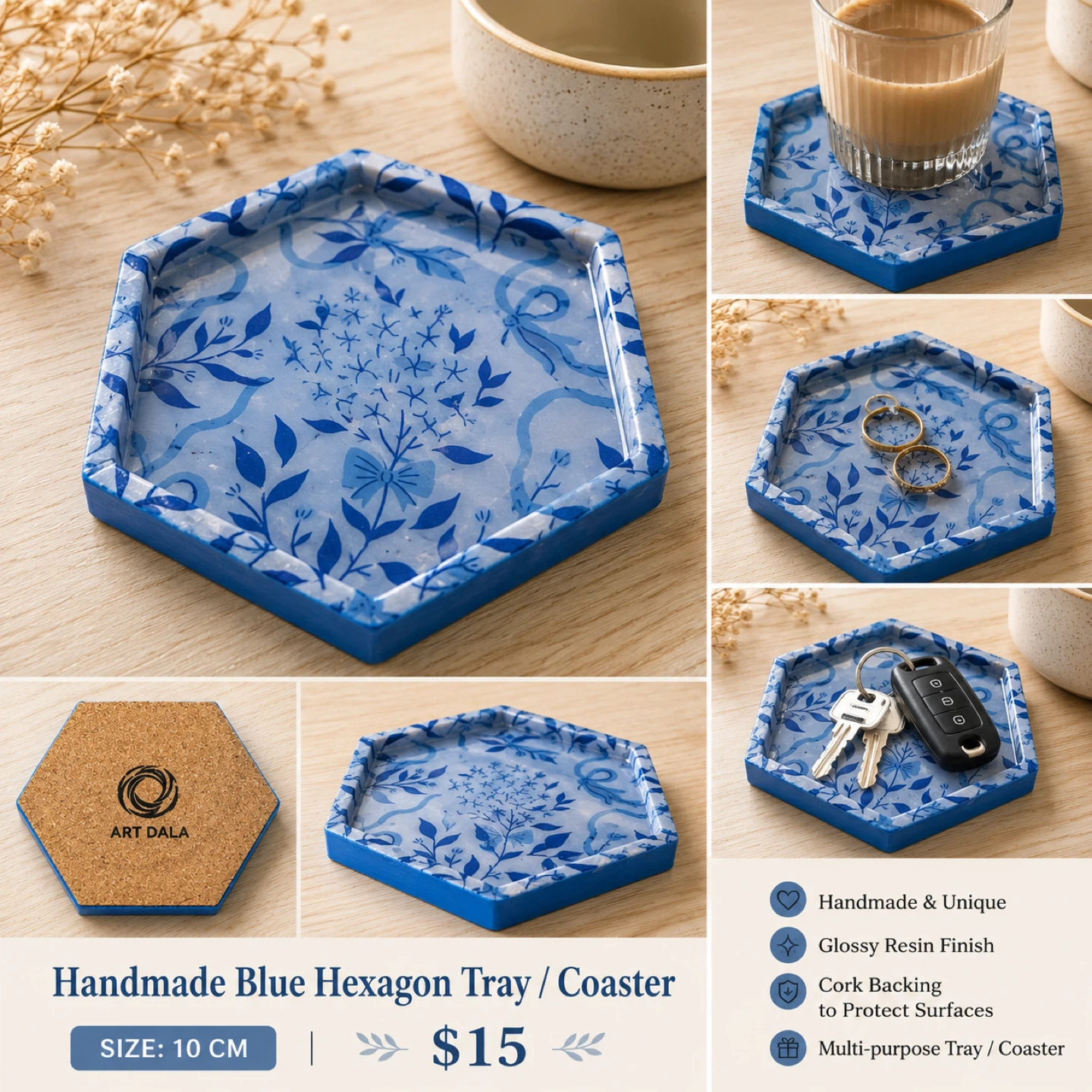Handmade Blue Hexagon Tray / Coaster - 10 CM