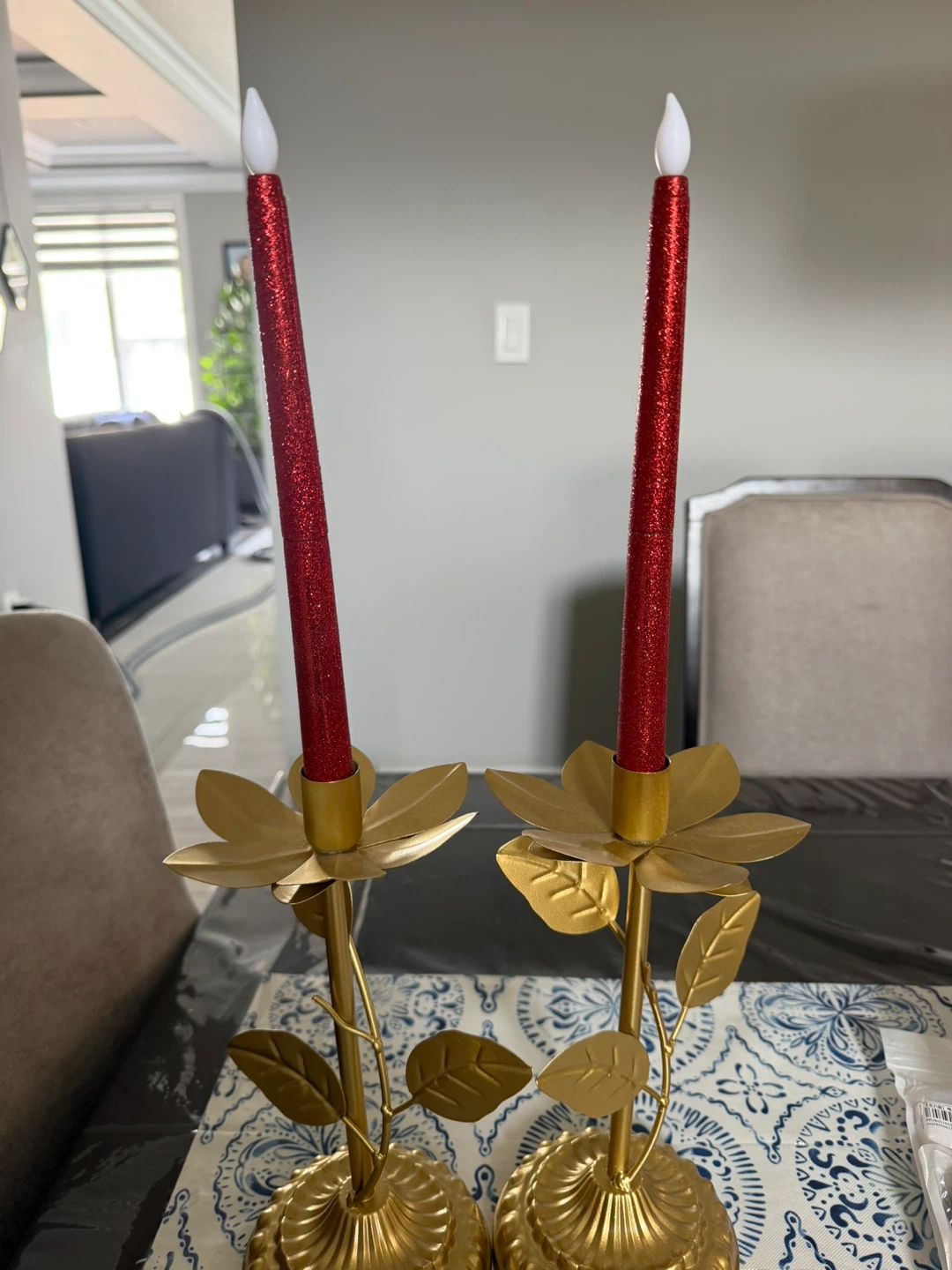 Set of 2 Gold Leaf Candlesticks with Red Glitter Candles