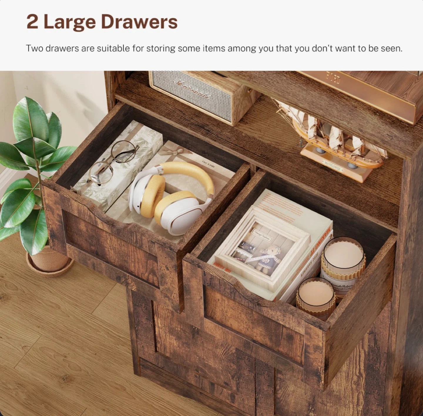 Rustic Brown Storage Cabinet with 2 Drawers and Double Doors - photo 3