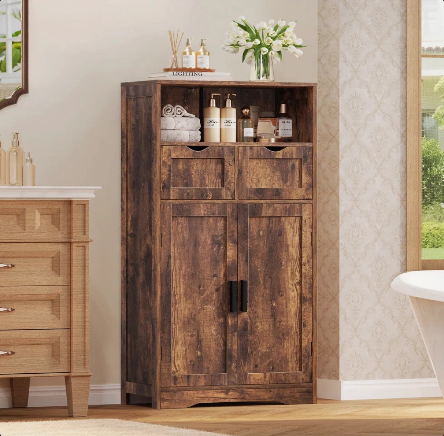 Rustic Brown Storage Cabinet with 2 Drawers and Double Doors