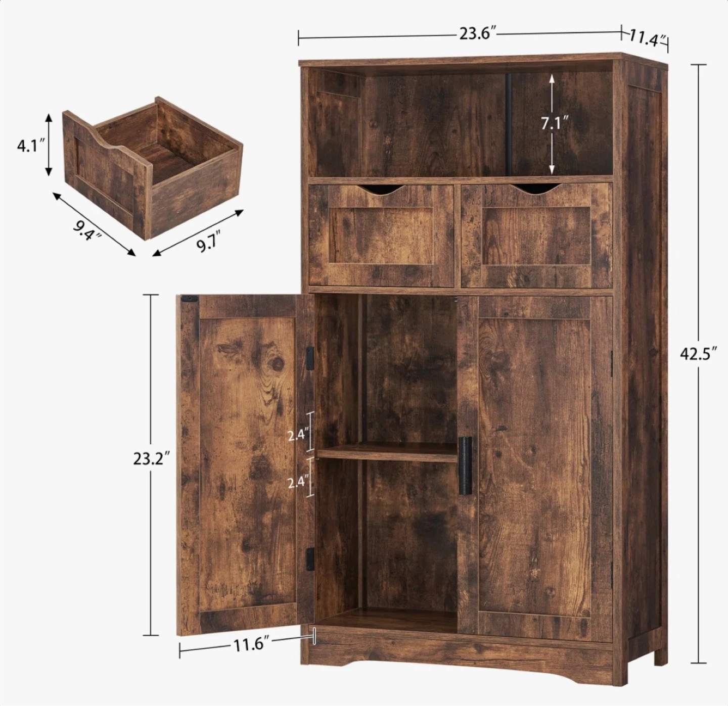 Rustic Brown Storage Cabinet with 2 Drawers and Double Doors - photo 2