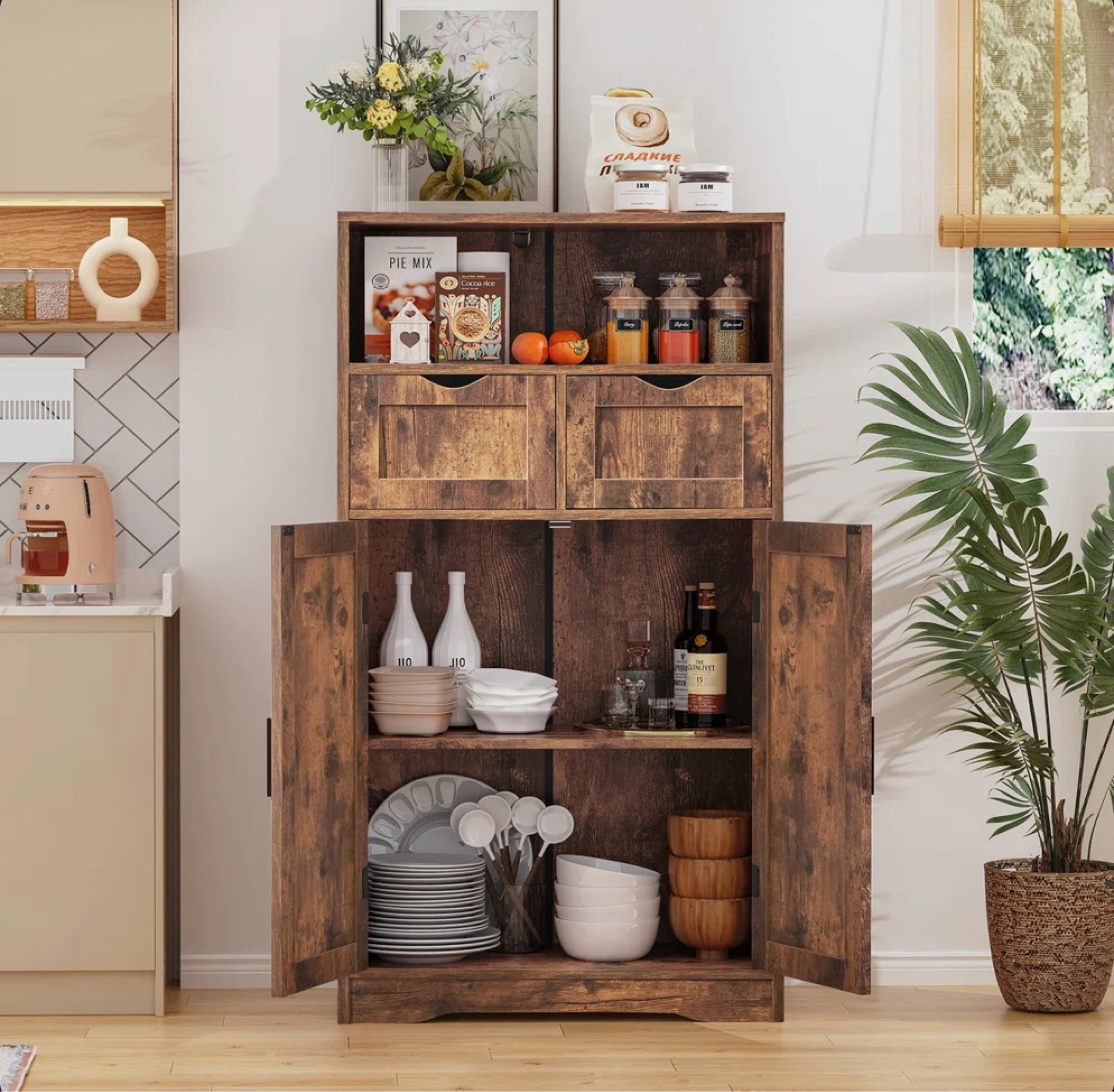 Rustic Brown Storage Cabinet with 2 Drawers and Double Doors - photo 4