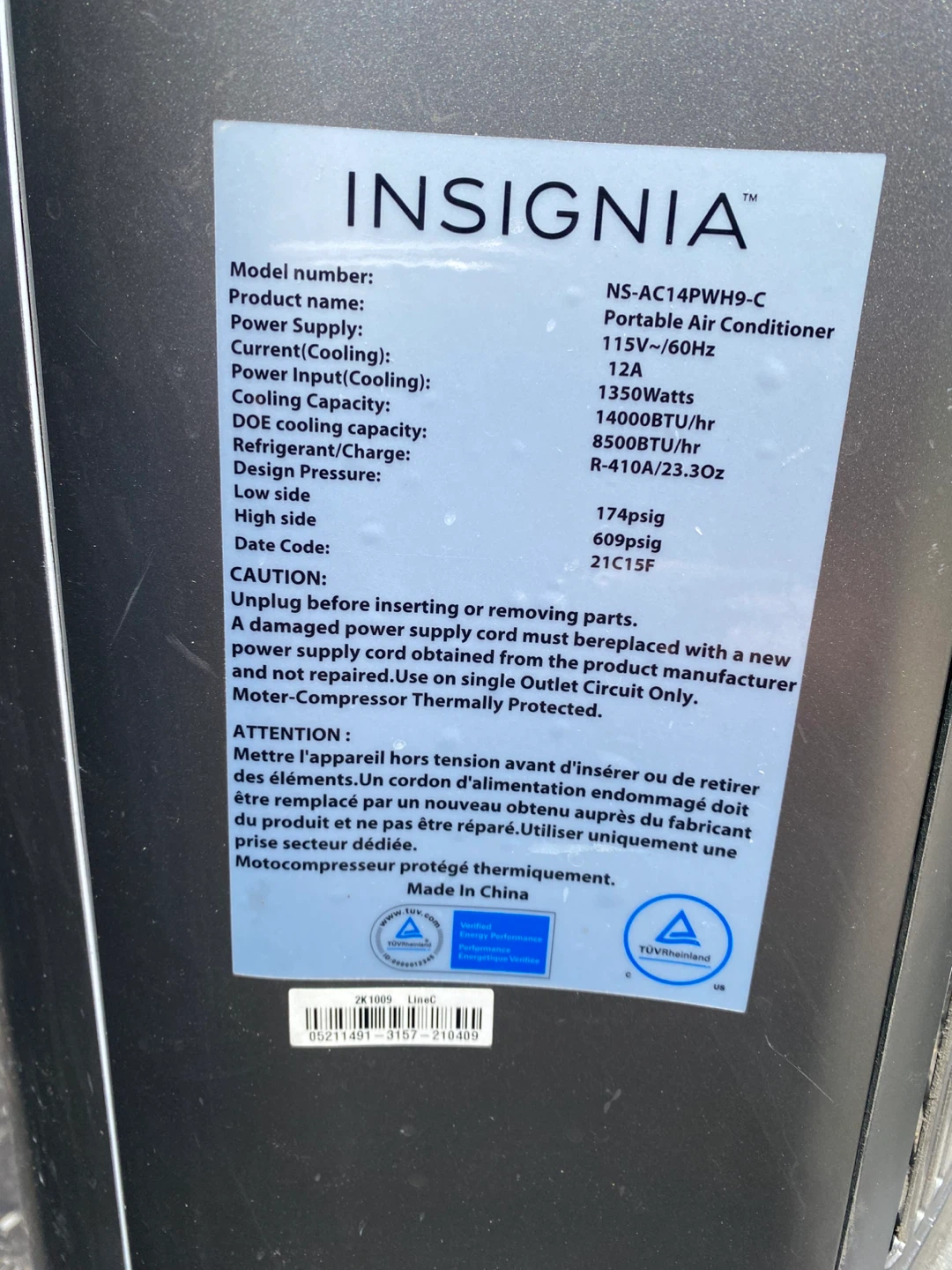Insignia Portable Air Conditioner NS-AC14PWH9-C - photo 2