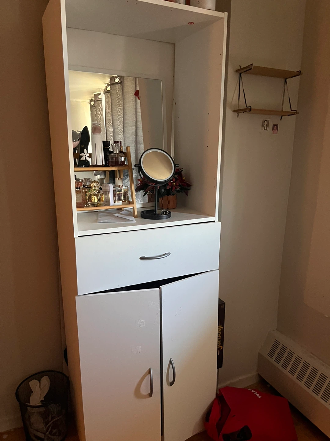 White Vanity Cabinet with Mirror and Drawer