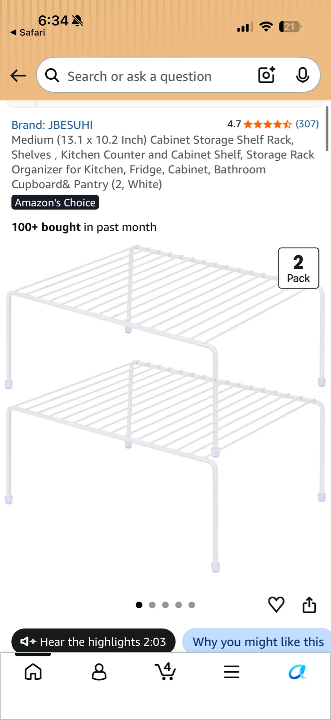 Cabinet Storage Shelf Rack - White (2 Pack)