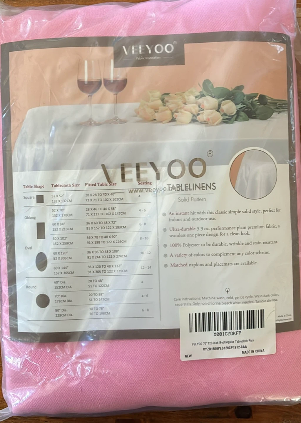 New 70" x 120" Rectangular Tablecloth Pink