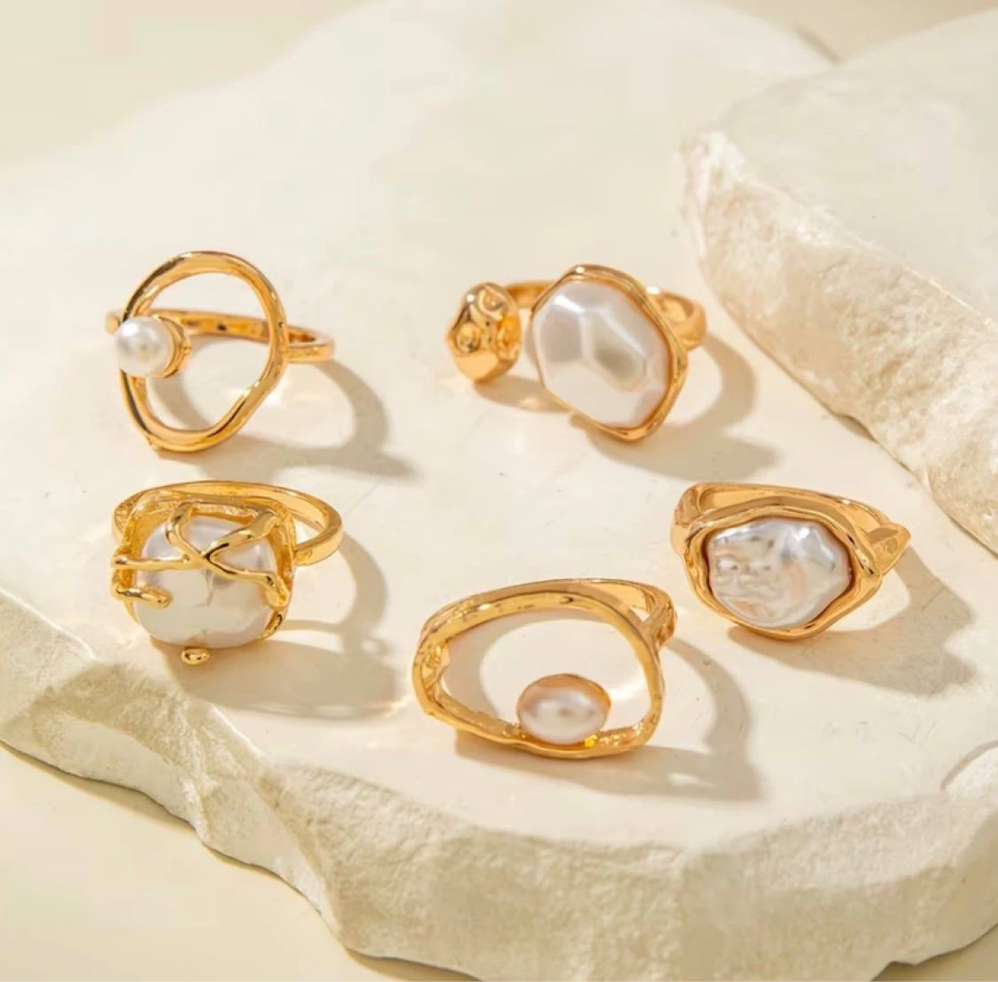 Gold & Pearl Statement Ring Set – 5 Pcs - photo 5