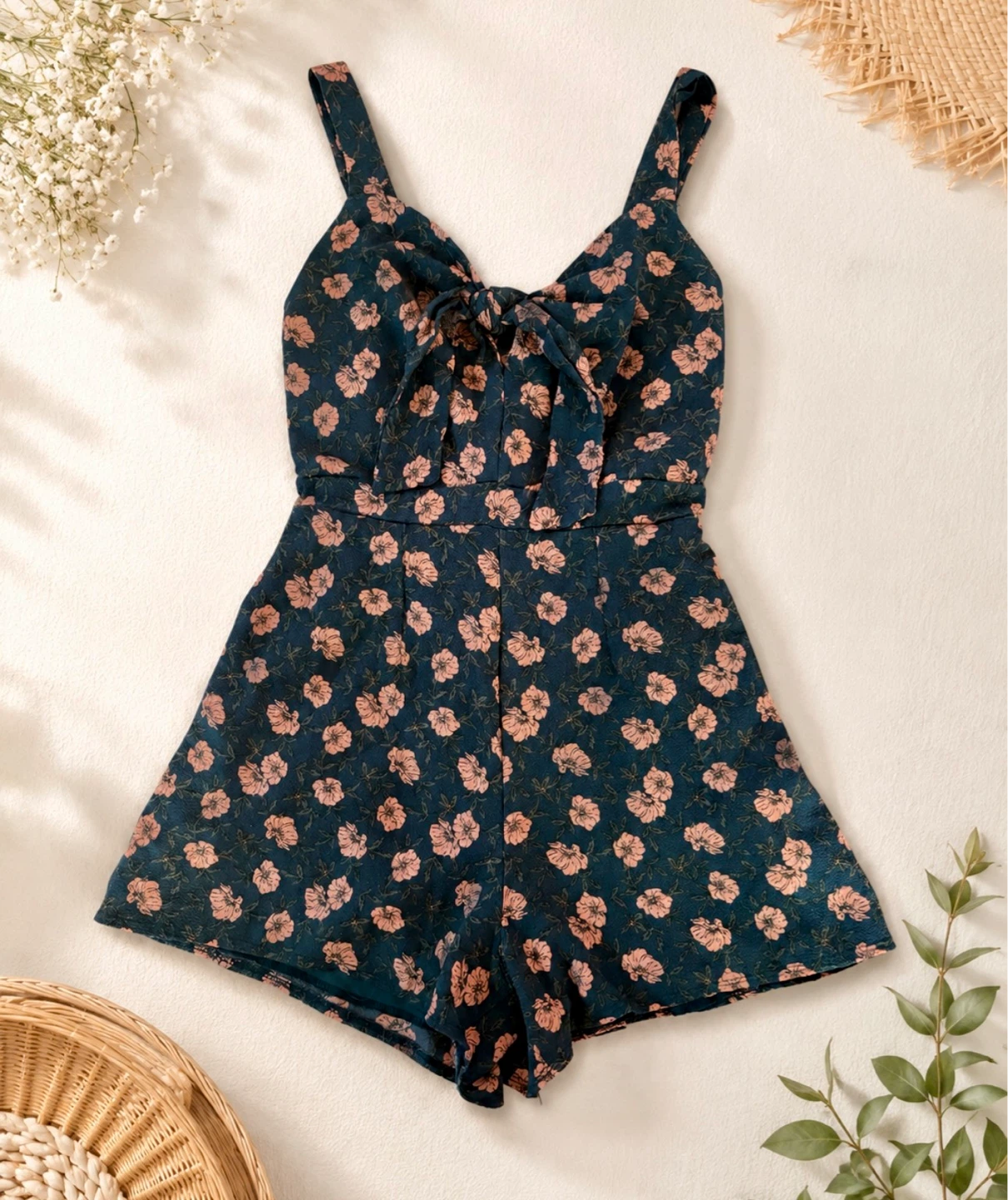 Navy Floral Tie-Front Romper