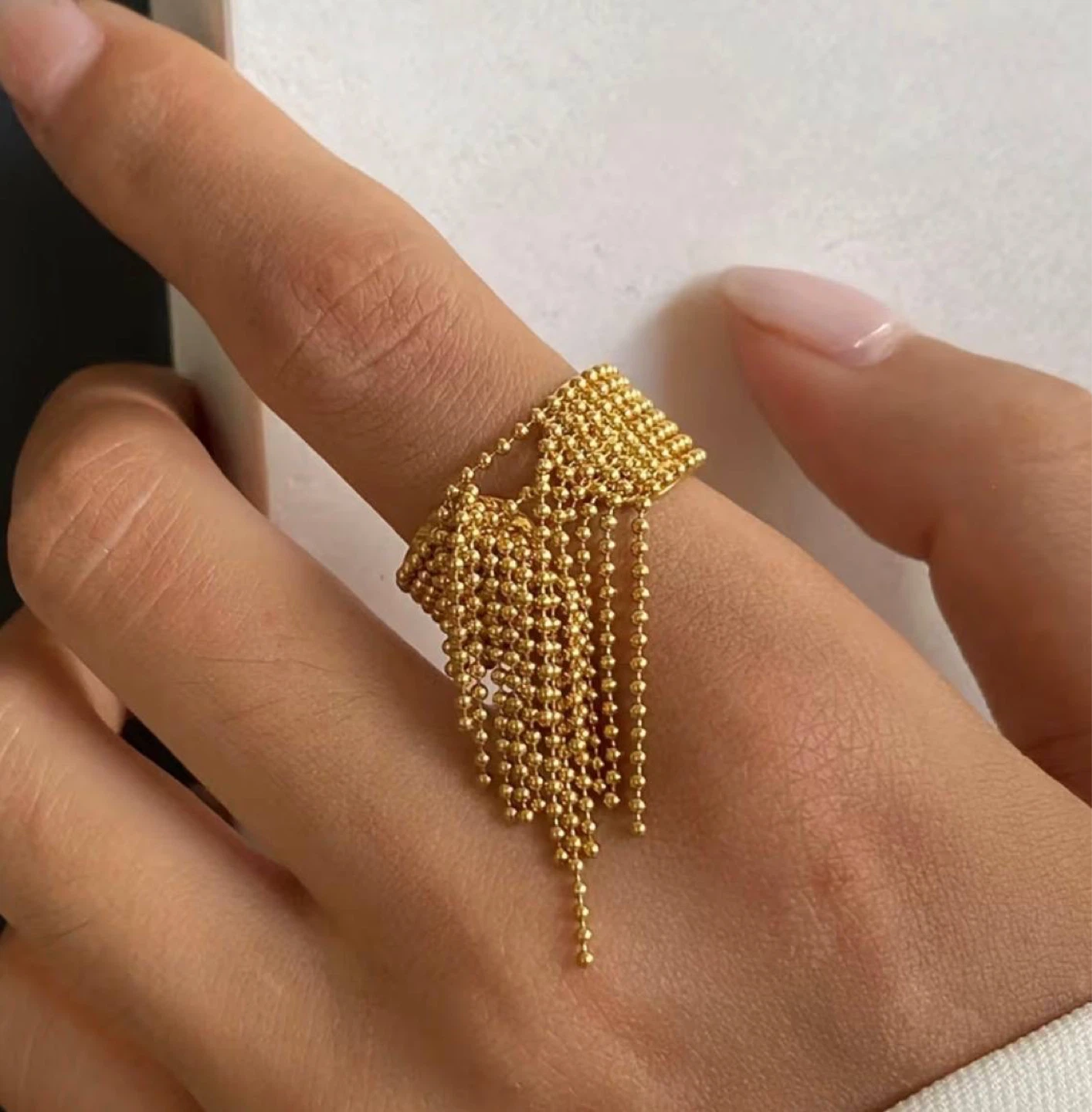 Gold Beaded Fringe Statement Ring