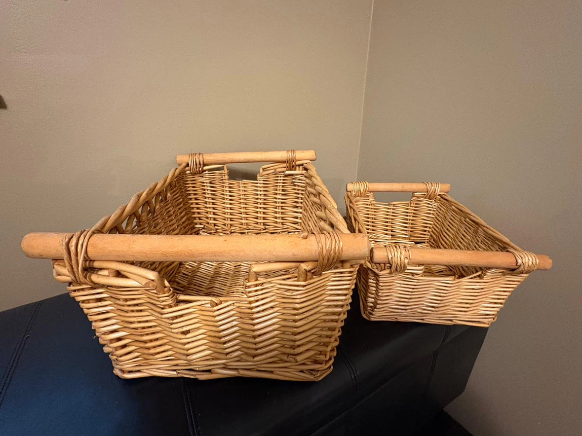 Wicker storage baskets with wooden handles