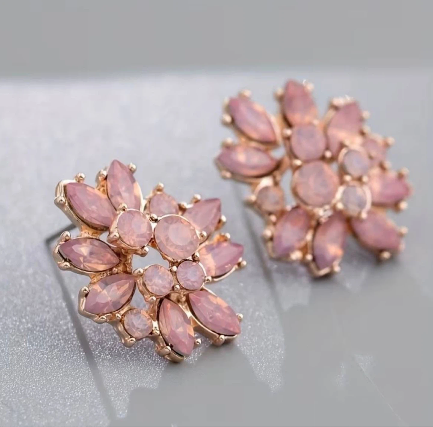 Rose Gold Pink Crystal Flower Stud Earrings - photo 4