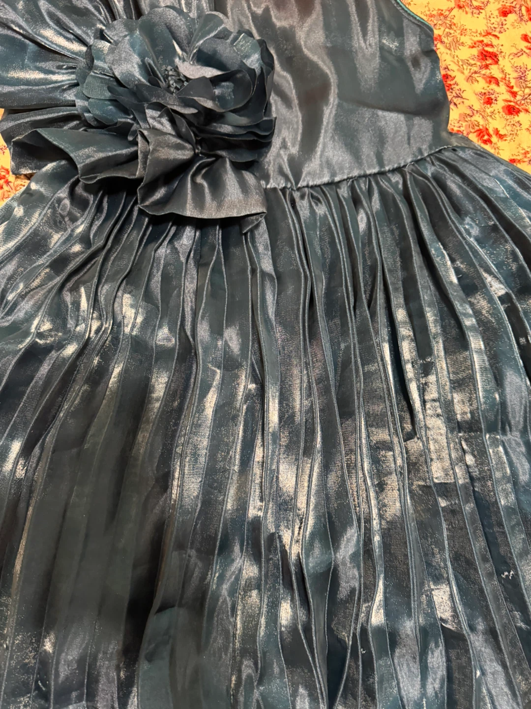 Girls Navy Blue Pleated Dress with Flower Accent