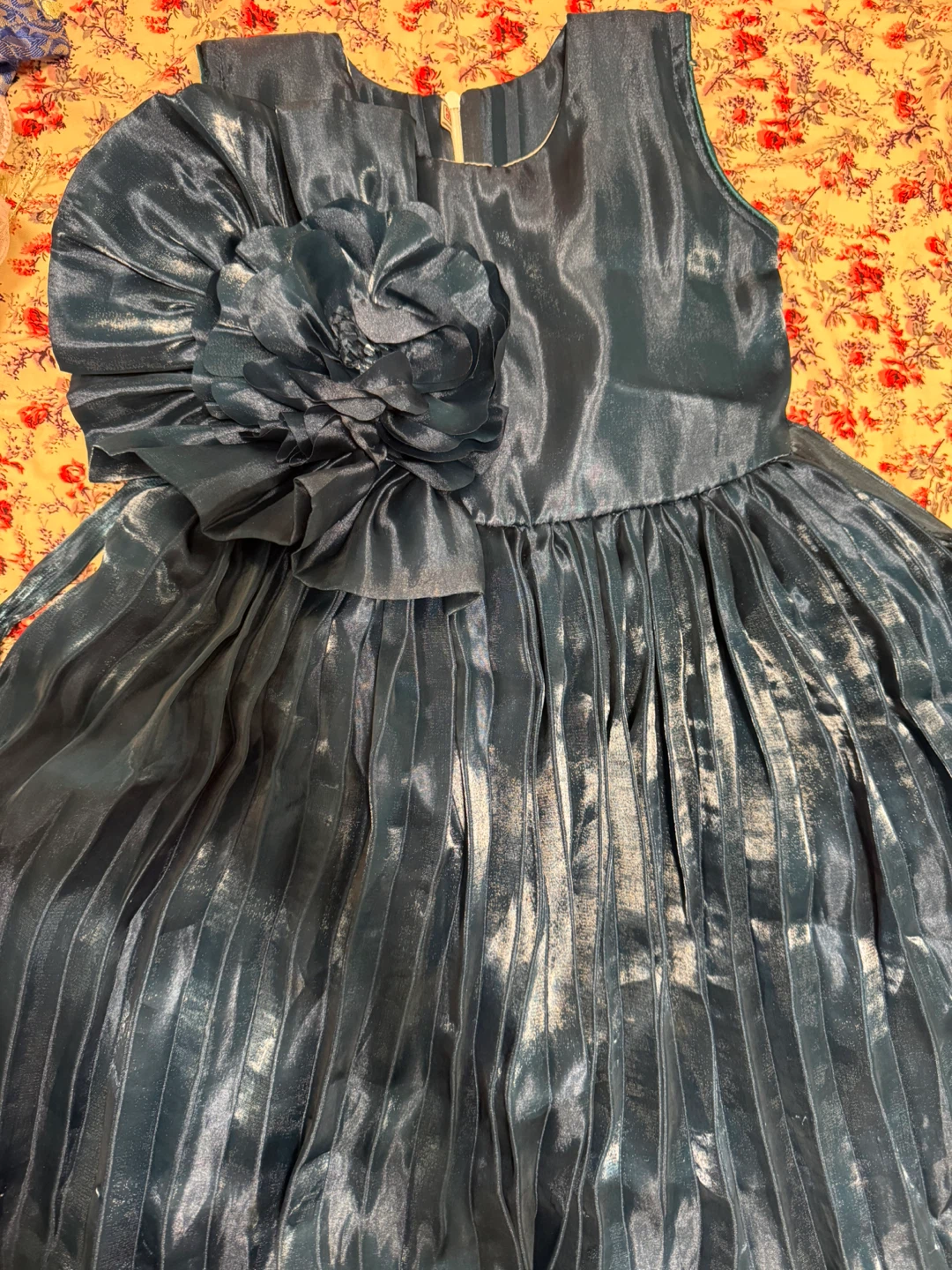 Girls Navy Blue Pleated Dress with Flower Accent - photo 2
