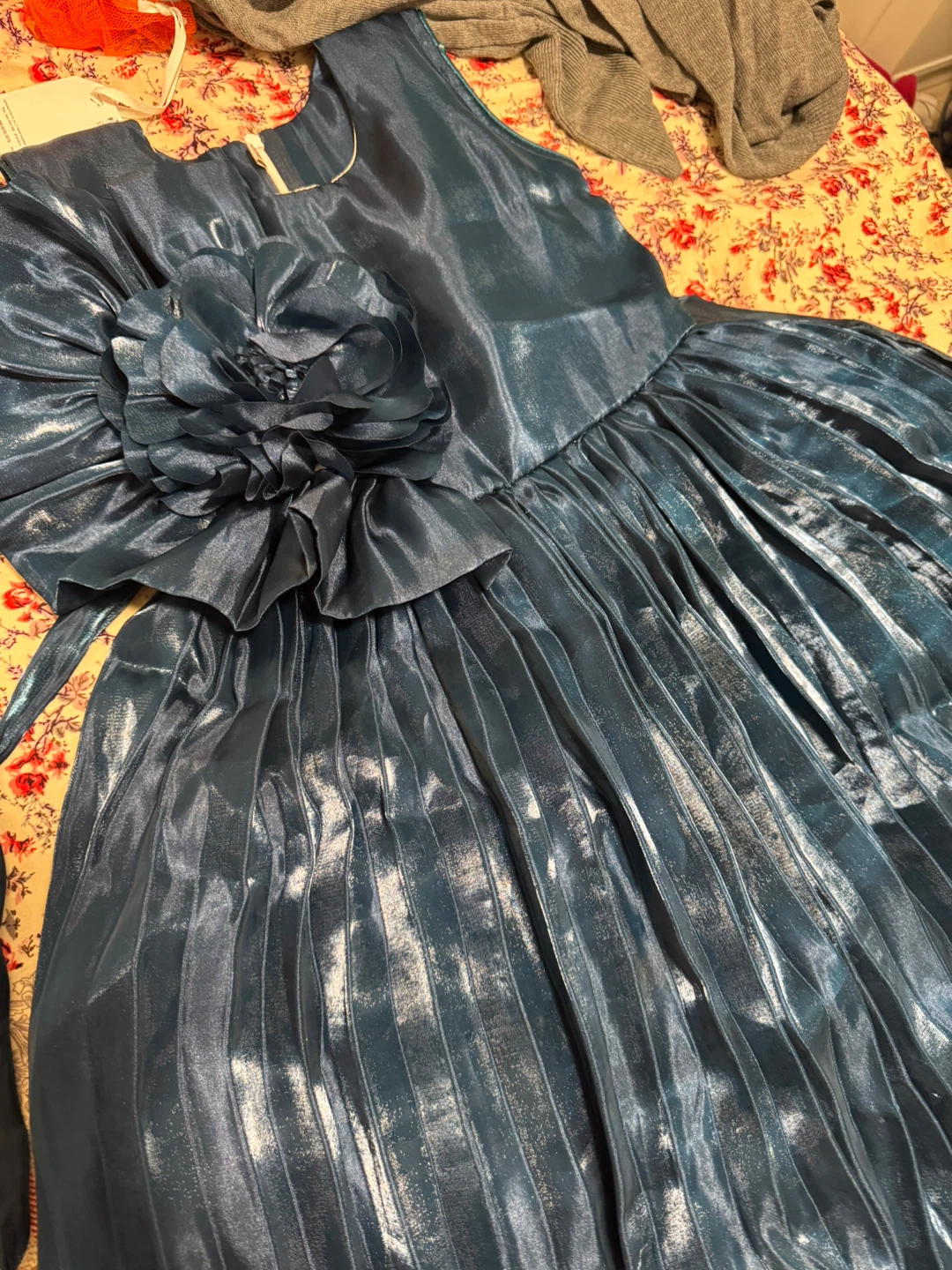 Girls Navy Blue Pleated Dress with Flower Accent - photo 3