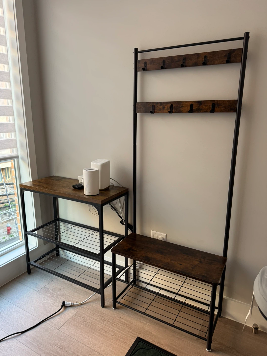 Rustic Entryway Shoe Rack with Coat Hooks