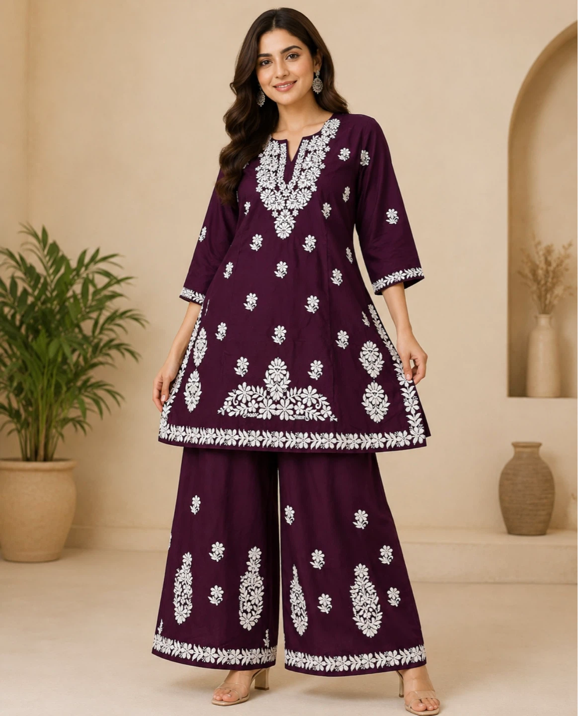 Purple Embroidered Kurti and Palazzo Pants Set