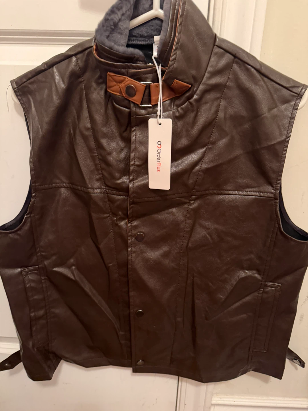 Brown Faux Leather Vest with Fur Collar - photo 2
