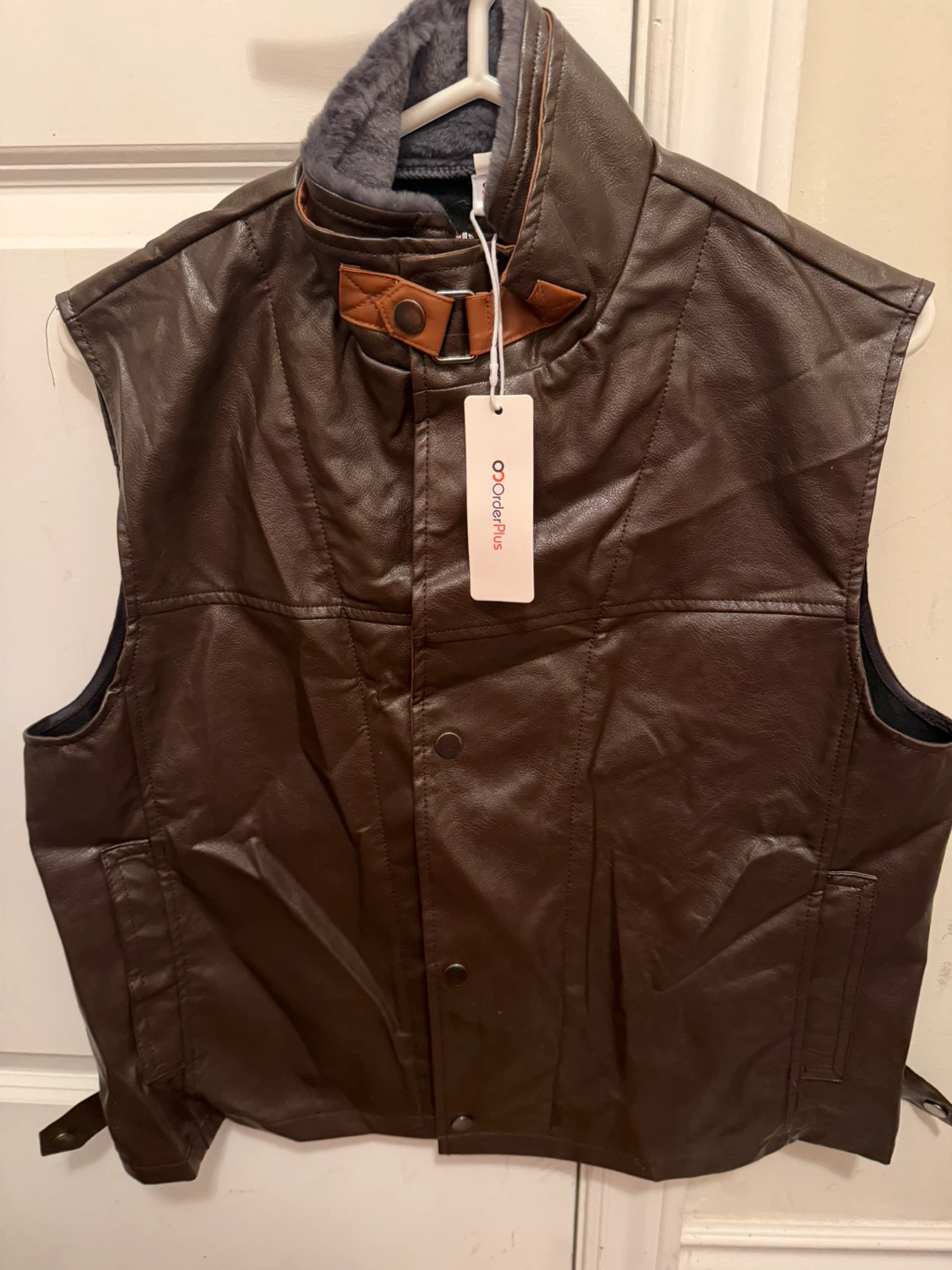 Brown Faux Leather Vest with Fur Collar - photo 3