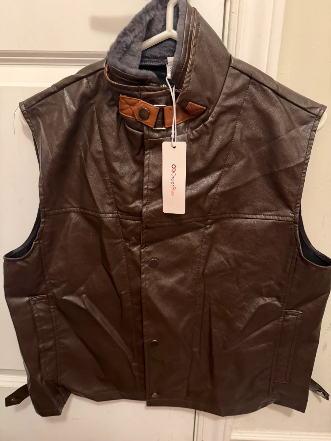 Brown Faux Leather Vest with Fur Collar