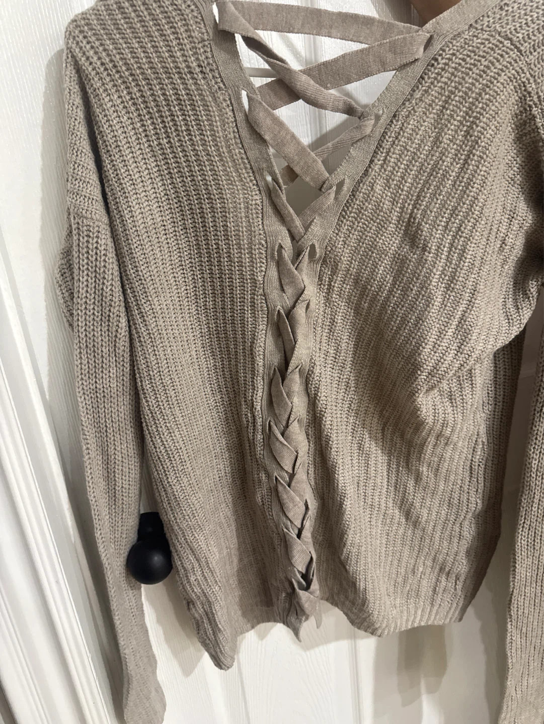 Women's Tan Lace-Up Back Knit Sweater - photo 2