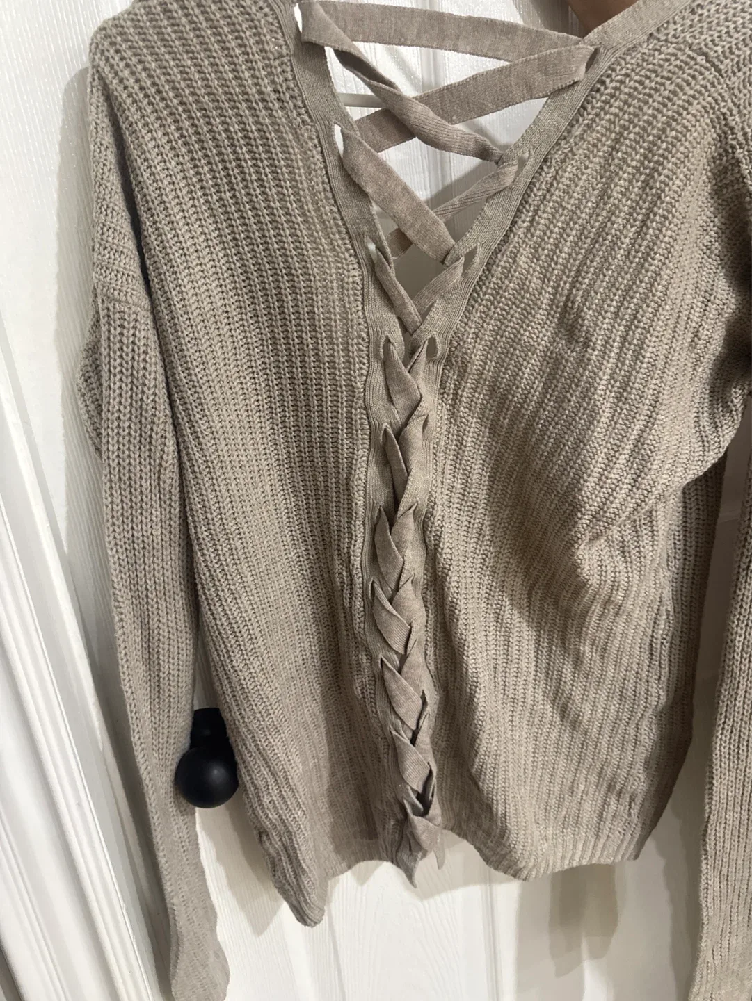 Women's Tan Lace-Up Back Knit Sweater - photo 2