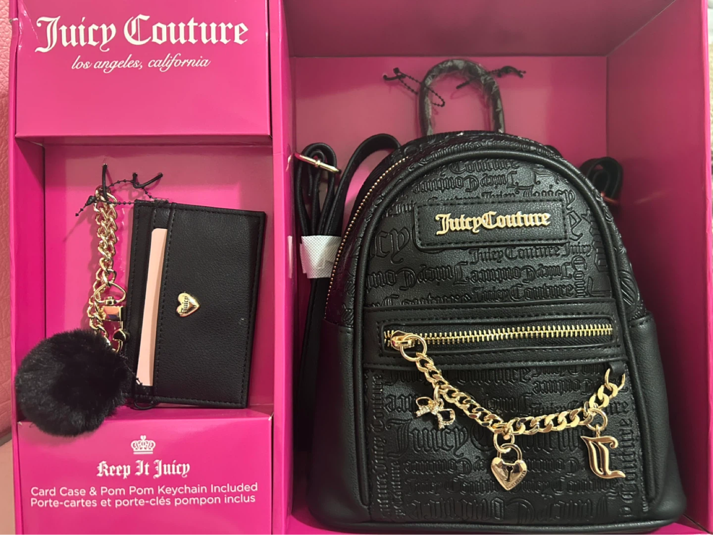 Juicy Couture Backpack Set with Card Case & Pom Pom Keychain