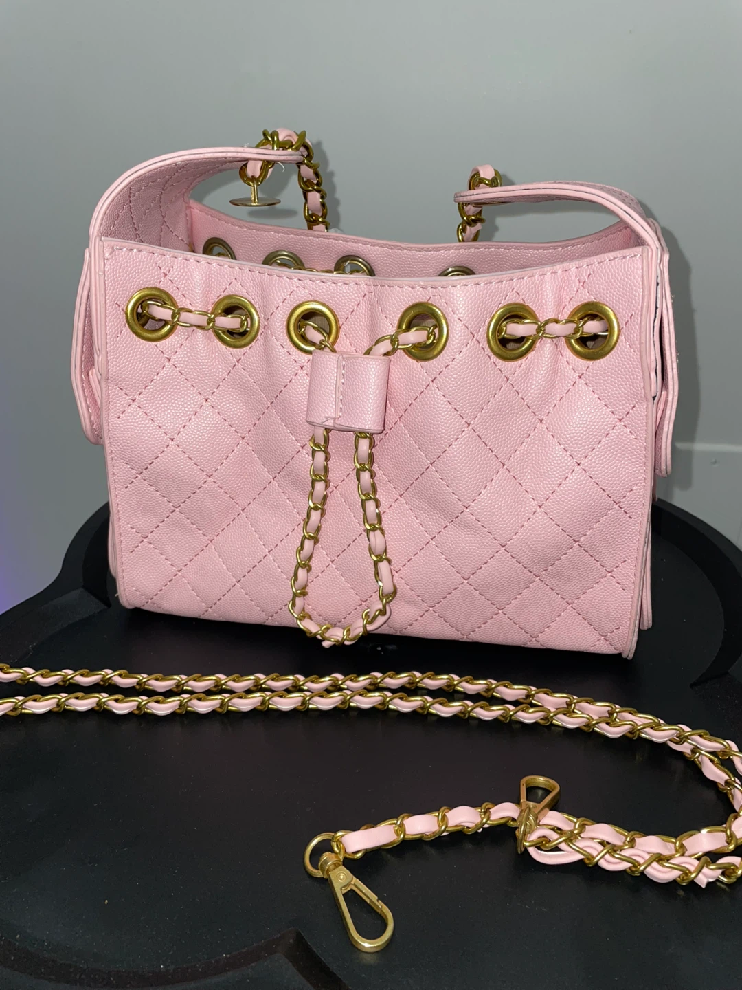 Pink Quilted Bucket Bag with Gold Chain