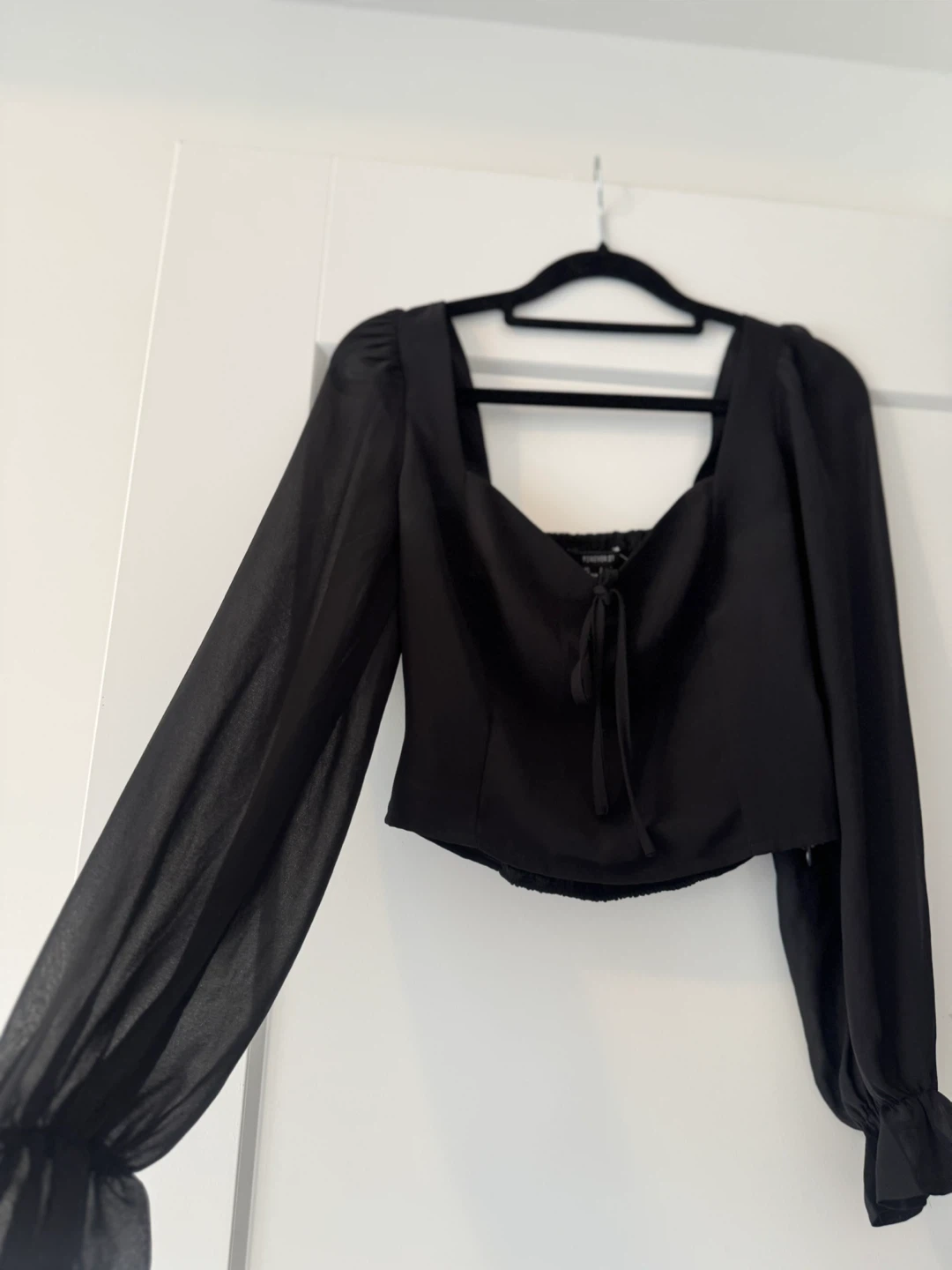 Black Tie-Front Puff Sleeve Blouse