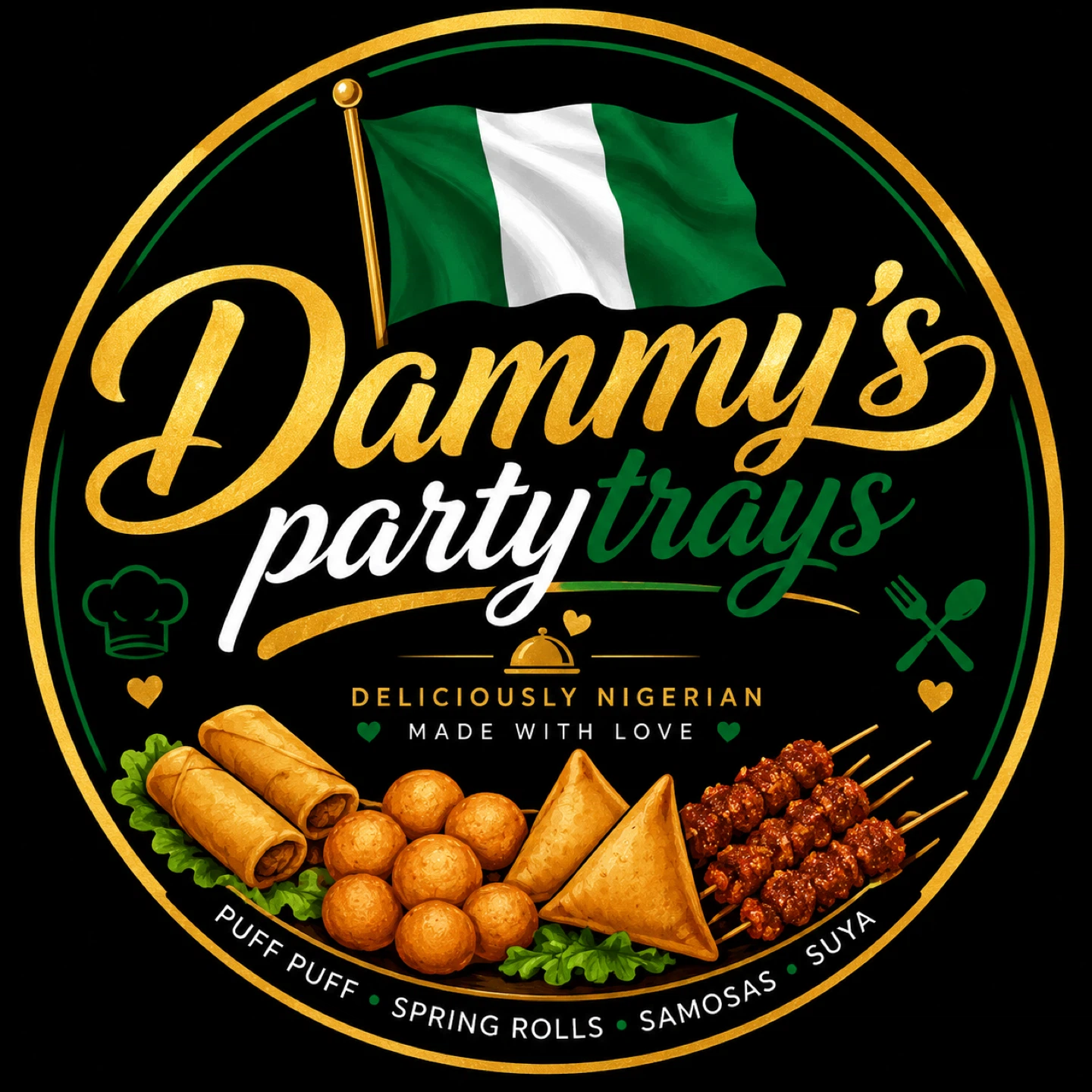 Dammy's Party Trays Puff Puff, Spring Rolls, Samosas, and Suya