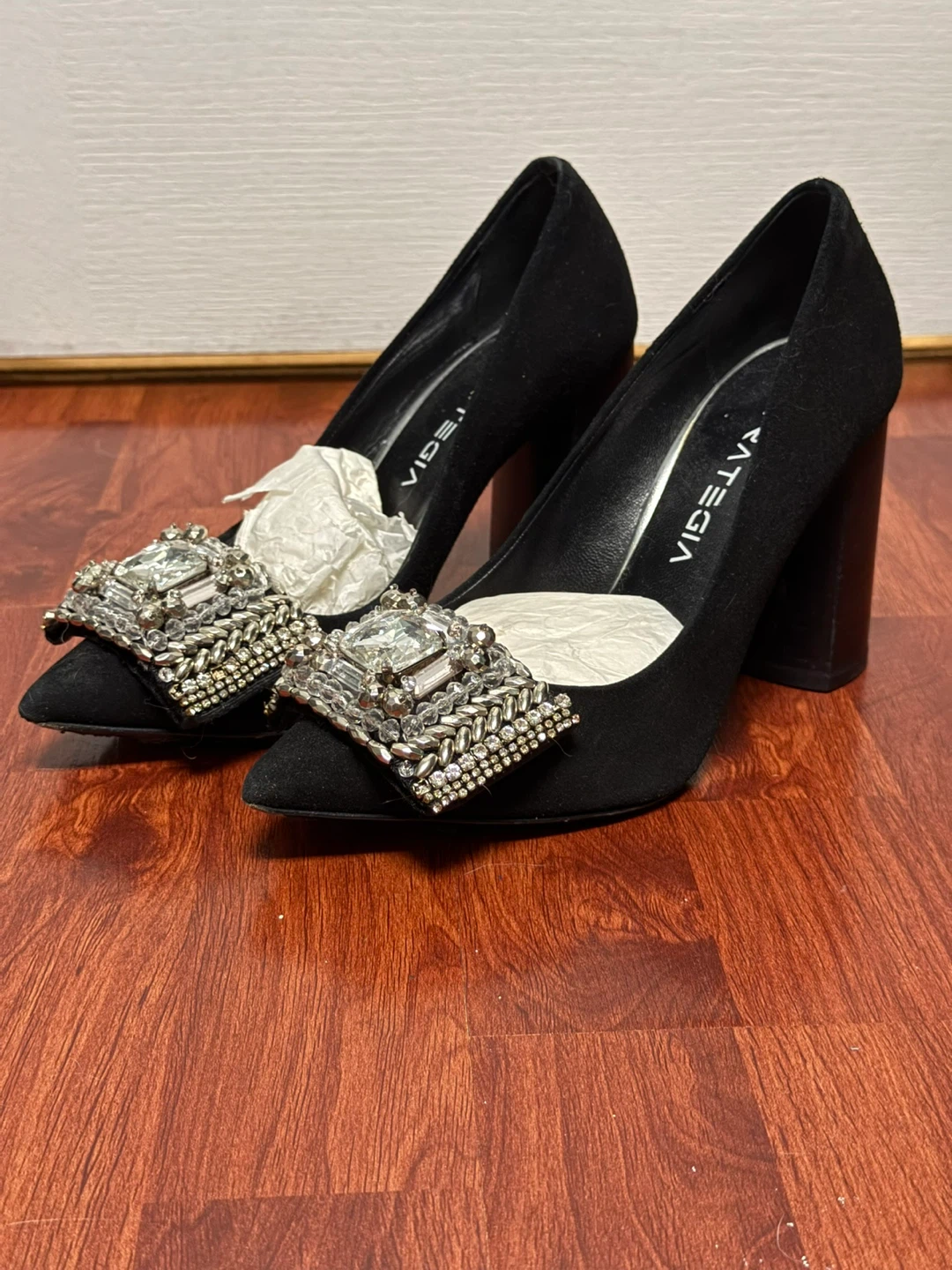 Strategia Black Suede Heels with Embellished Buckle