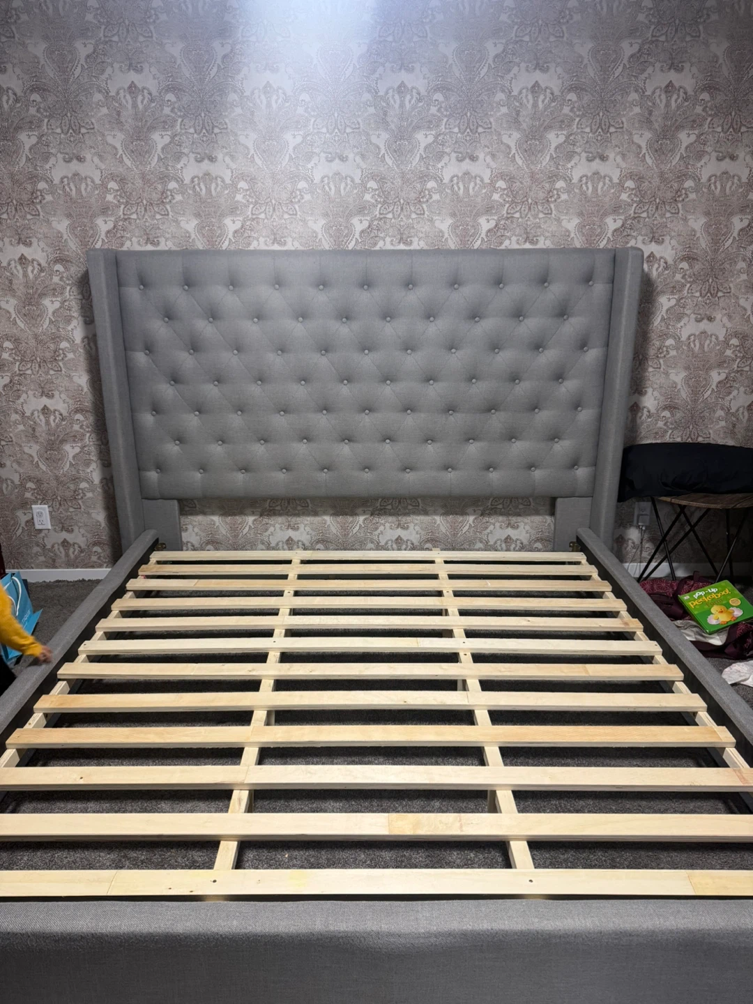 King Size Bed Frame – Grey Upholstered & Tufted Headboard