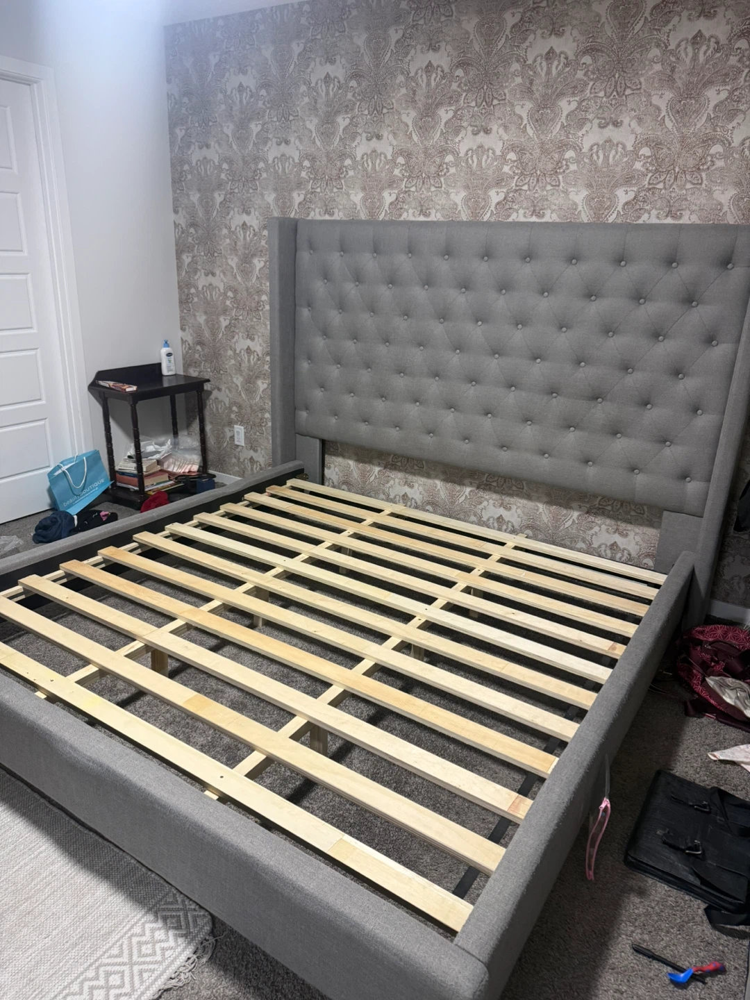 King Size Bed Frame – Grey Upholstered & Tufted Headboard - photo 2