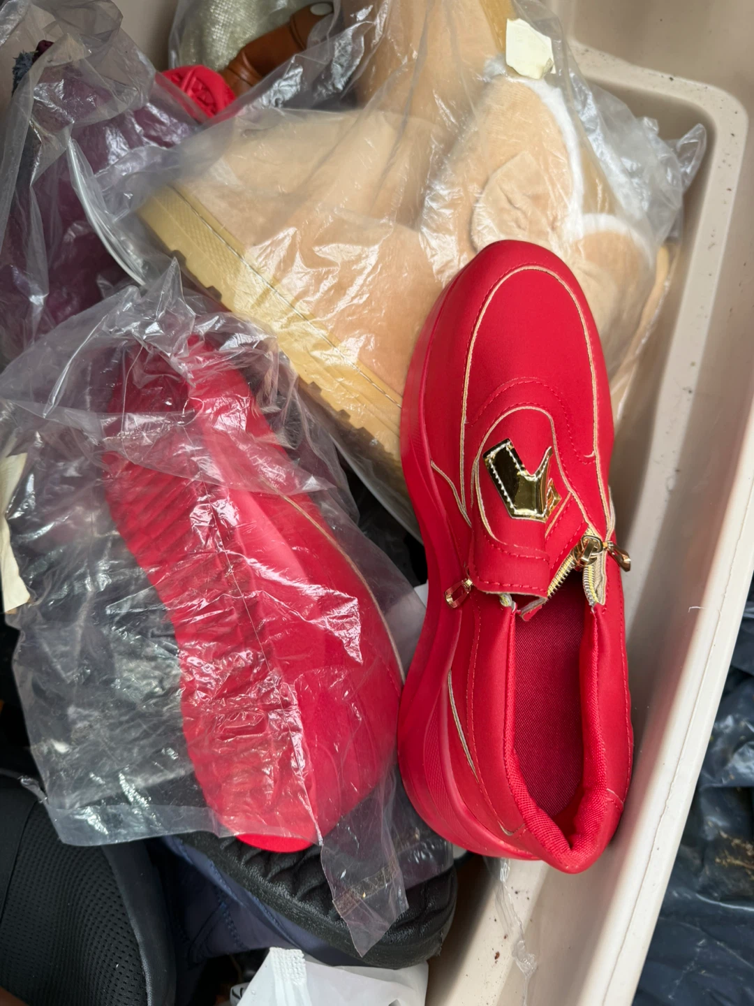 Red Women's Loafers with Gold Embellishment
