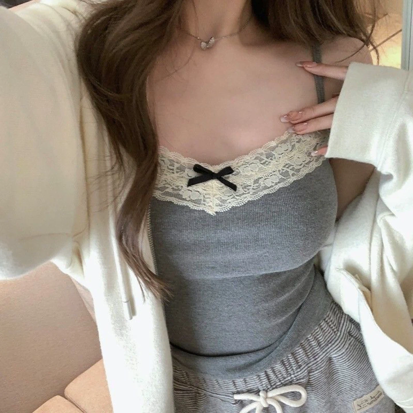 Grey Camisole Top with Lace Trim Built in Bra - Size Small