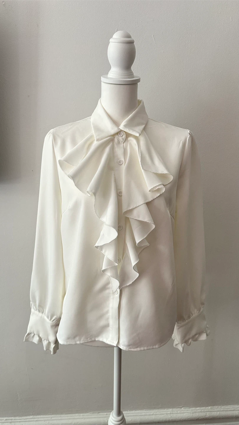 White Ruffle Blouse (M/10) with Black Bow